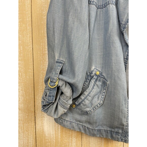 Chico's Size 1 Chambray Open Shirt Jacket Size Medium Roll Tab Sleeve - Picture 4 of 10